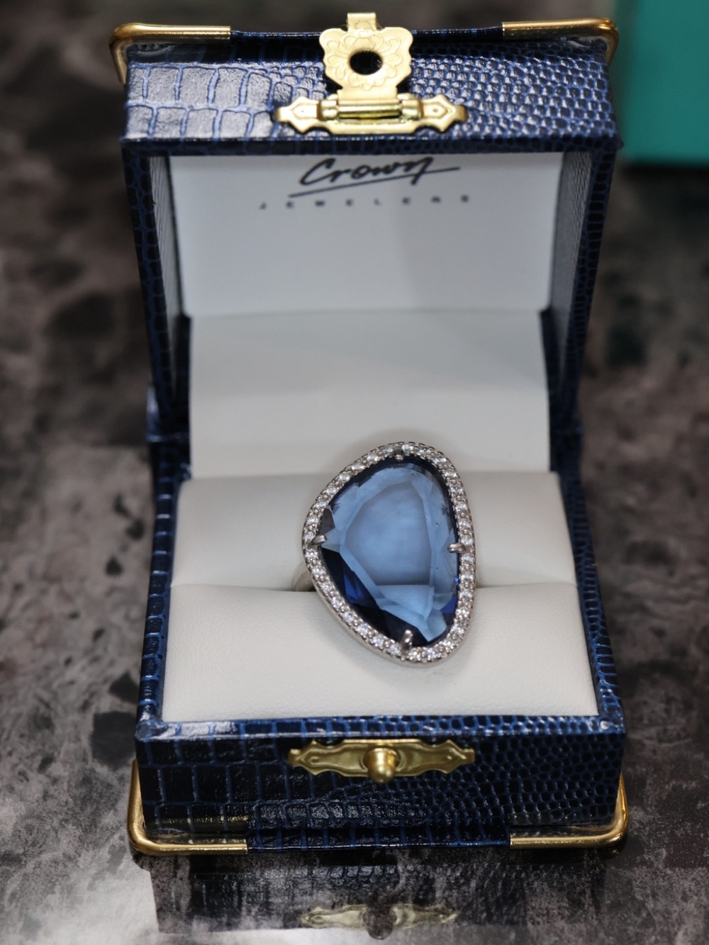 Blue Crystal Halo Ring - Elegant Italy 925SS Women's Jewelry